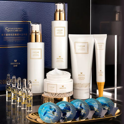 Set de Cuidado Facial 15 Piezas Caviar – Cera Hidratante Antiarrugas, Blanqueador y de Belleza